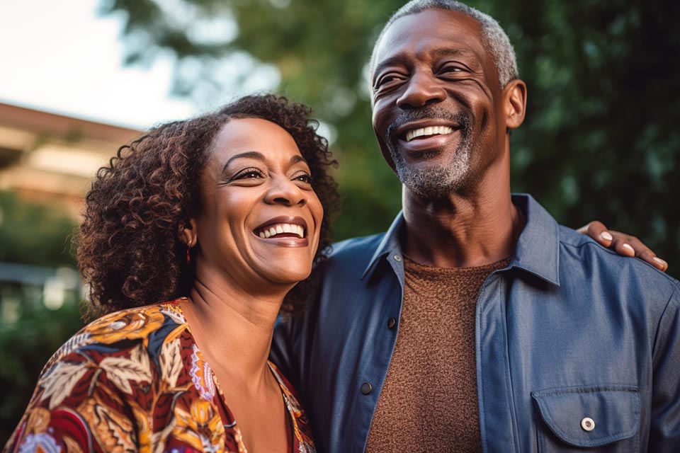 African American husband and wife smiling while in their backyard in Jacksonville. The husband has early stages of glaucoma.